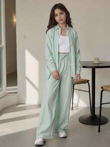 SHEIN Tween 女童三件套，街头酷炫条纹长袖衬衫、裤子和吊带背心，非常适合春季和秋季 - 綠色 - 查看 9