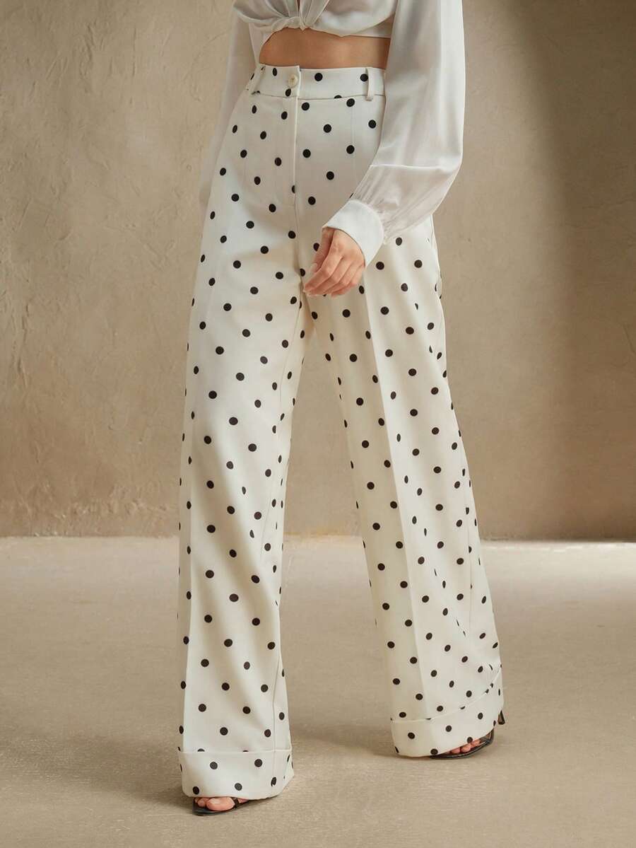 Anewsta Urban Commuter Polka Dot High Waist Drape Casual Women's Suit Pants, Suitable For Spring, Summer, Festival, Holiday, Vacation, Elegant, Business Casual - Black and White - View 1