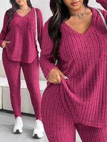 Vionelle Plus Size Solid Color Textured V-Neck Top And Pants Set Fall - Hot Pink - View 2
