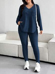 Vionelle Plus Size Solid Color Ribbed V-Neck Long Sleeve Top And Pants Set, Casual For Autumn