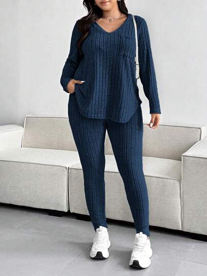 Vionelle Conjunto de Top de Manga Longa com Decote em V Canelado e Calça em Cor Sólida, Casual para o Outono, Plus Size