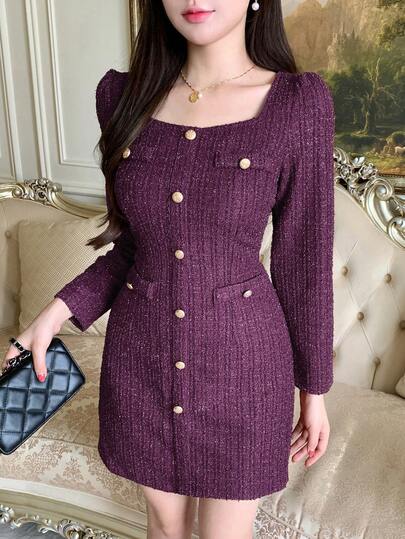 DAZY 女式优雅方领纹理纽扣装饰迷你连衣裙，秋季