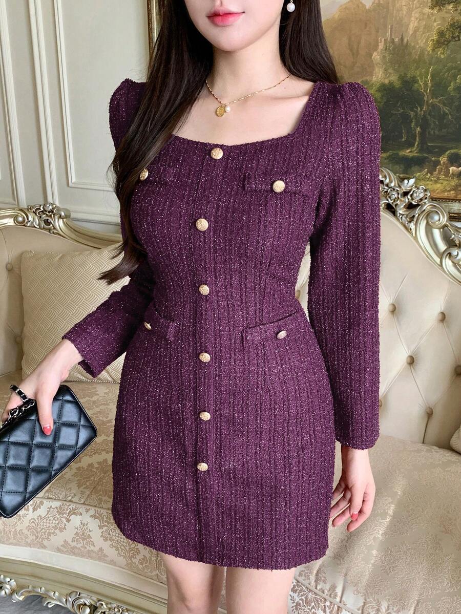 DAZY 女式优雅方领纹理纽扣装饰迷你连衣裙，秋季 - 紫色 - 查看 1