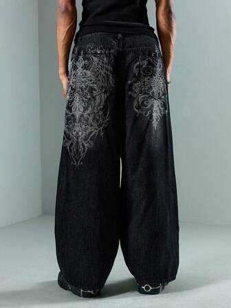 Street Life Jeans larghi con stampa grafica sulla tasca per uomo