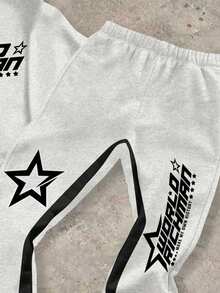SHEIN Bolty Tween Boy White Autumn Graphic Streetwear School Back-To-School Graffiti Star & Letter Pattern Y2K Loose Hoodie & Flare Pants 2 Pieces Woven Set - Multicolor - View 4