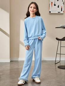2pcs/Set Tween Girls Solid Color Long Sleeve Top And Pants - Baby Blue - View 3