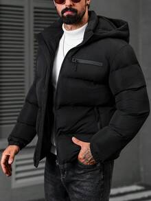 Manfinity CasualCool 男士纯色立领冬季夹克，男士冬季外套，纯色加绒保暖冬季外套，男士羽绒服，黑色男士夹克，男士外套，男士冬季服装，男士夹克和大衣 - 黑色 - 查看 7