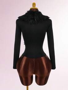 Amplova 女式毛领拼布紧身长袖T恤 - 黑色 - 查看 3