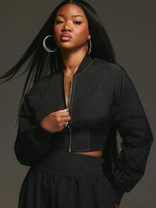 NYA SZN Jacket Long Sleeve Loose Baggy Ruche Bomber Jacket Fitted Cinch Hemline Streetwear Cool Girl Everyday Casual Office Fall Winter Statement Valentines Day Carnival Outfits For Women - Black - View 1