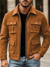 Manfinity Homme Chaqueta casual de manga larga con múltiples bolsillos y cremallera, forrada térmicamente, color marrón, para otoño/invierno