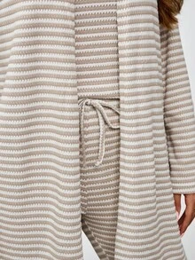 EMERY ROSE Conjunto de 3 piezas talla grande: Chaqueta de manga larga de punto acanalado de unicolor, chaleco de cuello redondo y pantalones casuales con lazo delantero, conjunto de otoño para mujer - Albaricoque - Ver 6