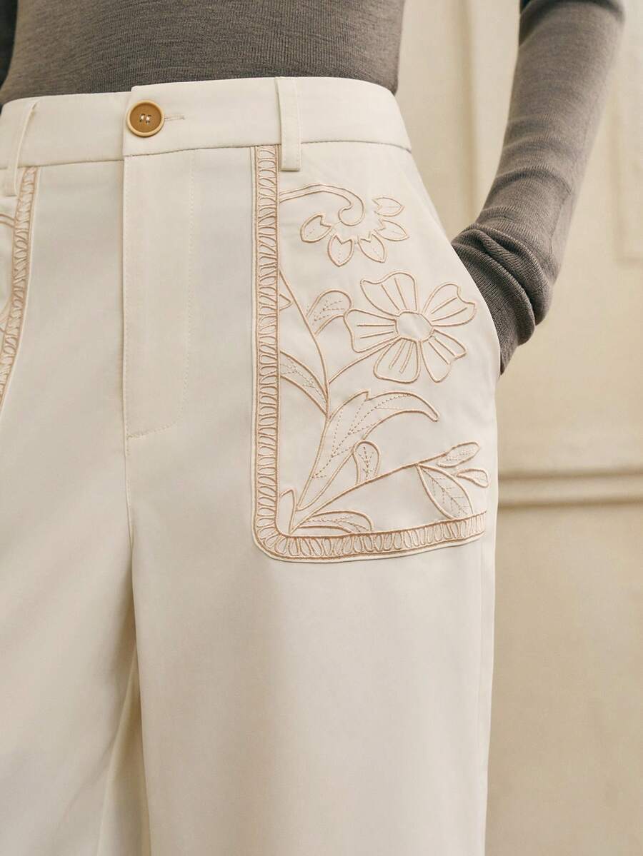 Cévolie Calça feminina folgada, casual, com bolsos bordados florais e pernas largas - Bege - Ver 1