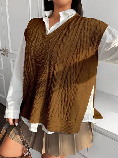 Flirla Plus Size Women Casual Loose V-Neck Twist Pattern Knitted Vest, Autumn/Winter