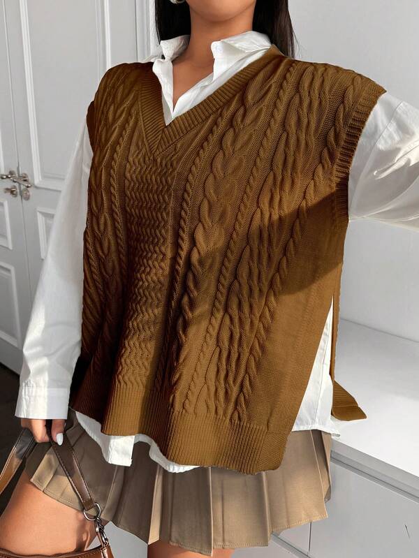 Flirla Plus Size Women Casual Loose V-Neck Twist Pattern Knitted Vest, Autumn/Winter