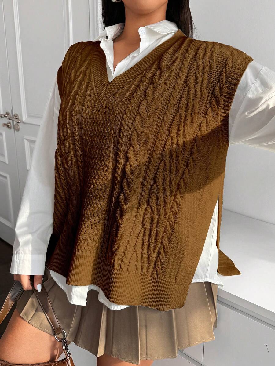 Flirla 大码女式休闲宽松V领扭纹针织背心，秋冬 - 棕色 - 查看 1