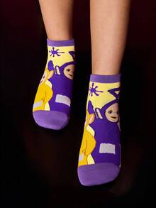 Teletubbies X SHEIN 4双柔软透气吸湿排汗休闲女士短袜，卡通图案可爱，时尚绿色、紫色和粉色短袜，加固脚趾和脚跟，经久耐用，适合所有季节，适合夏季和冬季 - 彩色 - 查看 12