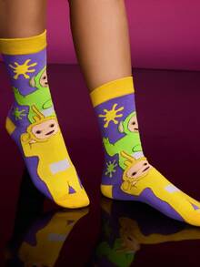 Teletubbies X SHEIN 2Pairs Soft & Breathable Moisture-Wicking Casual Women Mid-Calf Socks With Cute Cartoon Pattern Fashionable Pink & Purple Crew Socks Reinforced Toe & Heel For Durability All Season All-Match Summer Winter