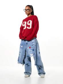 SUMWON WOMEN 秋冬休闲装超大针织圆领数字印花毛衣 - 紅色 - 查看 3