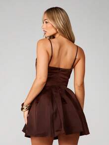 MISSGUIDED Deep V-Neck Pleated Mini Dress With Adjustable Straps For Party Evening Occasions - Coffee Brown - View 2