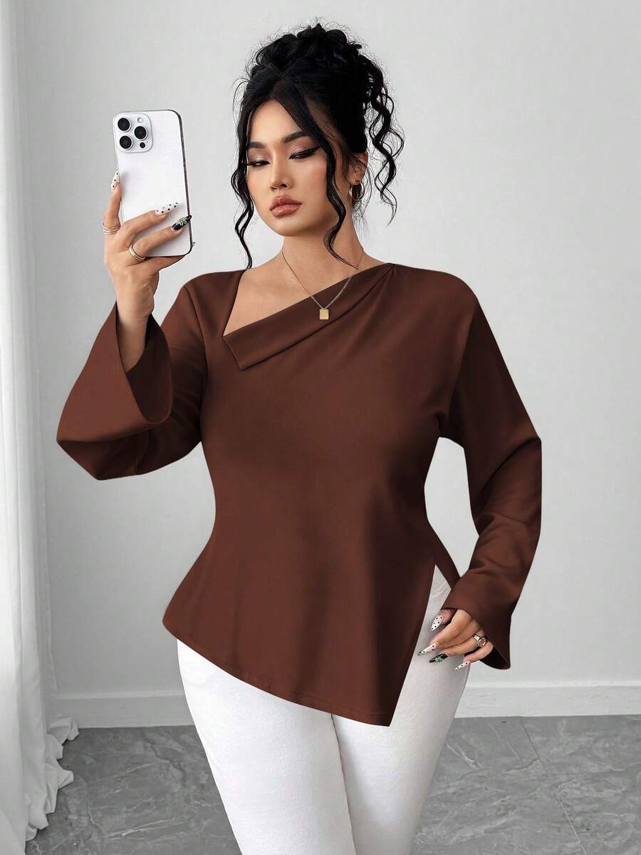Elenzga Plus Size Women Oblique Collar Open Slit Back Tie Shirt - Brown - View 1