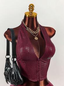 Amplova 女士勃艮第鳄鱼印花性感 V 领上衣和迷你裙套装，派对装 - 酒紅色 - 查看 5