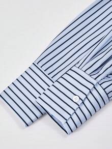 Tween Girls' Casual Striped Loose Button-Up Long Sleeve Shirt With Shawl Collar, Versatile For Back To School - Blue - View 5