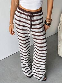 SHEIN Tall Striped Pattern Knotted Casual Versatile Wide Leg Knit Pants - Brown - View 3