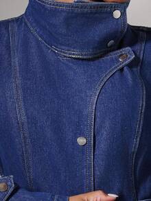 COSMINA 女式休闲前扣立领牛仔夹克，秋季 - 藏蓝色 - 查看 7