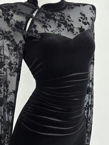 Elamini 女士黑色天鹅绒和网眼面料中式领侧开衩珍珠纽扣褶腰鱼尾长袖超长连衣裙，优雅的中国复古风格，适合派对、通勤、约会，百搭秋冬 - 黑色 - 查看 3