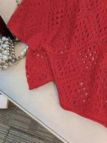 GlowEve CURVE 大码女式镂空七分袖针织毛衣 - 紅色 - 查看 4