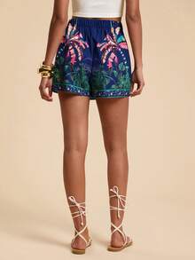 Travachic 女士棕榈树印花侧系腰短裤，热带风情短裤，时尚沙滩装，休闲度假装，夏季假日装，春假装，派对装，海滩装，春季装，情人节装，狂欢节装扮装，优雅花卉图案，狂欢节装，春夏过渡装，派对装，墨西哥风情短裤 - 彩色 - 查看 2