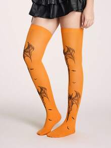 ROMWE Goth 1 par de medias por encima de la rodilla con estilo gótico de murciélago y color naranja - Naranja - Ver 3