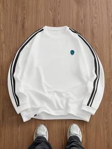 EASEVO 大码男士休闲日常通勤运动风格卡通刺绣贴片撞色条纹侧落肩宽松运动衫 - 白色 - 查看 1