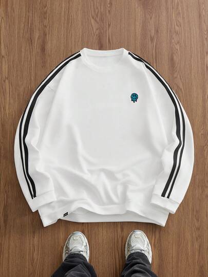 EASEVO 大码男士休闲日常通勤运动风格卡通刺绣贴片撞色条纹侧落肩宽松运动衫