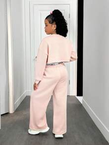 SHEIN Tween Girls Pastel Pink Autumn Cow Boy School Back-To-School Casual Loose Drop Shoulder Sweatshirt & Pleated Letter Waistband Sweatpants 2 Piece Set - Baby Pink - View 2