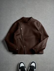 Manfinity EMRG Men's Oblique Button Long Sleeve Jacket, Asymmetrical Button Design Casual Jacket, Recommended Gift For Husband, Boyfriend, Friend Brown Sweater Brown Jacket Cropped Men Jacket Cropped Zip Up Men Brown Jersey - Chocolate Brown - View 5