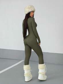 StreetHx 女式街头纯色长袖半拉链连体裤，秋季 - 軍綠色 - 查看 2