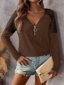 SHEIN LUNE Women's Autumn Splice Shoulder Zip V-Neck Raglan Long Sleeve Casual Knit T-Shirt - Brown - View 5