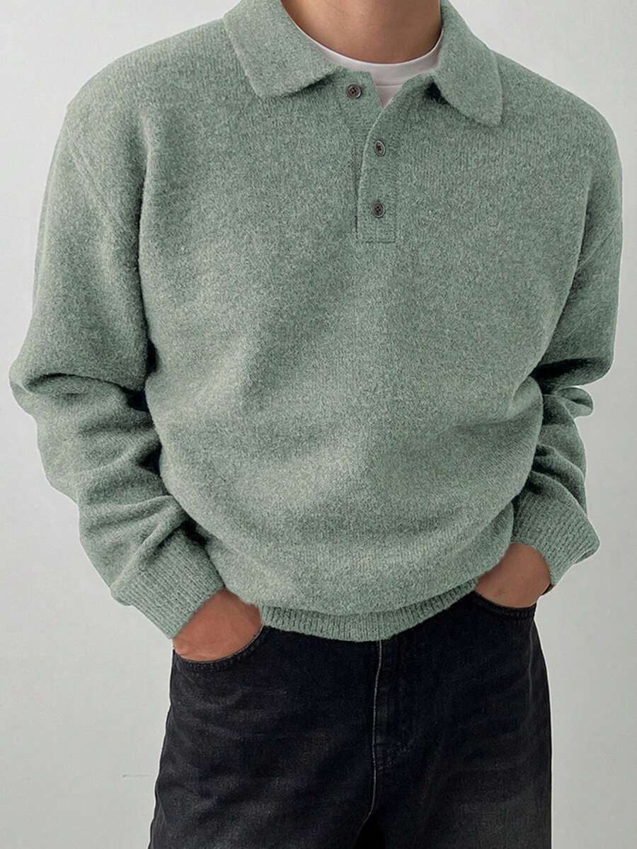 DAZY Men's Solid Color Polo Neck Long Sleeve Casual Sweater, Autumn - Green - View 1