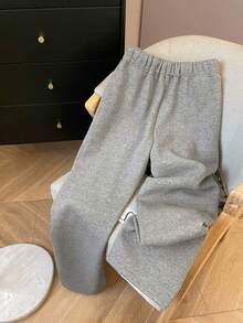 INAWLY 休闲通勤宽松抽绳松紧腰羊毛运动裤，直筒阔腿裤，女士