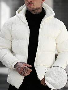 Manfinity CasualCool 男士秋冬针织提花连帽绗缝长袖羽绒服，宽松休闲舒适，男友礼物，街头风 - 白色 - 查看 1