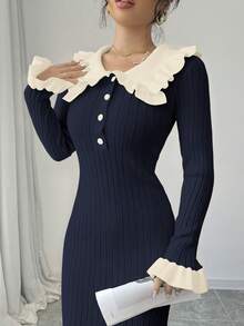 SHEIN Clasi Black & White Contrast Ruffle Hem Knit Dress - Navy Blue - View 5