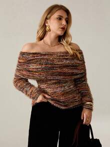 Auralis 大码女式性感优雅Y2K休闲露肩褶皱修身长袖针织毛衣，适合日常穿着，秋冬春季大码服装，大码套头衫，大码露肩上衣，露肩毛衣，大码毛衣，露肩长袖针织衫，针织上衣，女式毛衣，女式毛衣 - 棕色 - 查看 6