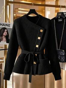 GlowEve Black Crew Neck Drawstring Waist Knit Cardigan For Women, Elegant Relaxed Fit Loose Sweater Top With Metal Button Decor, Suitable For Autumn/Winter