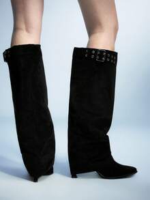 Sugerpunk Women's Asymmetrical Ruched Shaft Round Toe Thick Heel Warm Boots With Double Buckle Decor, Autumn/Winter - Black - View 5