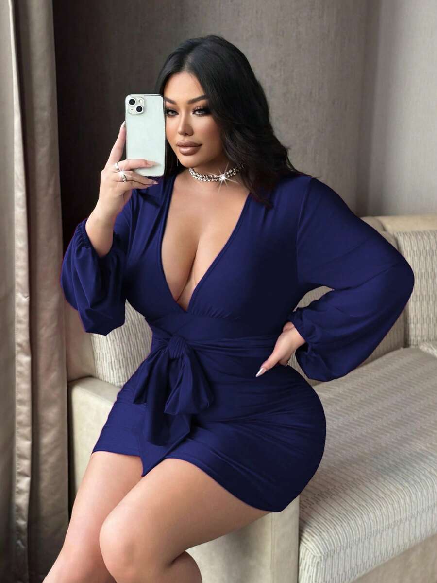 NU&NOW Vestido de Día de San Valentín con mangas de farol y pliegues en rojo para mujer de talla grande