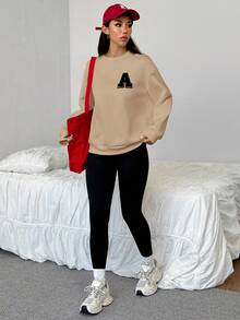 SHEIN EZwear 女士秋冬新款运动卫衣和紧身裤套装 - 卡其色 - 查看 5