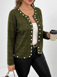 SHEIN Clasi Plus Size Women Tweed Print Beaded Decor Jacket, Suitable For Teachers, Autumn/Winter - Army Green - View 3