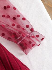 Vestito elegante vintage natalizio rosso in rete con maniche lunghe e vita stretta per ragazze pre-adolescenti, vestito a maniche lunghe con pois e costine rosse adatto per Ognissanti, Natale, Capodanno, primavera e autunno - Bordò - Visualizzare 8