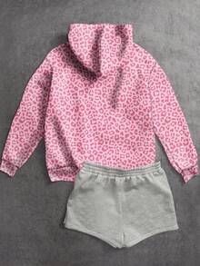 SHEIN EZwear Printed Pink Cute Leopard Pattern Loose Fit Comfortable Sweatshirt, Suitable For Autumn/Winter, Street Style, Airport Style, Chic, Y2K - Multicolor - View 2